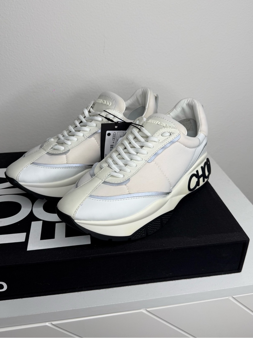 NWT Jimmy Choo Raine White Leather & Neoprene Chunky Logo Sneakers 39 US 9
